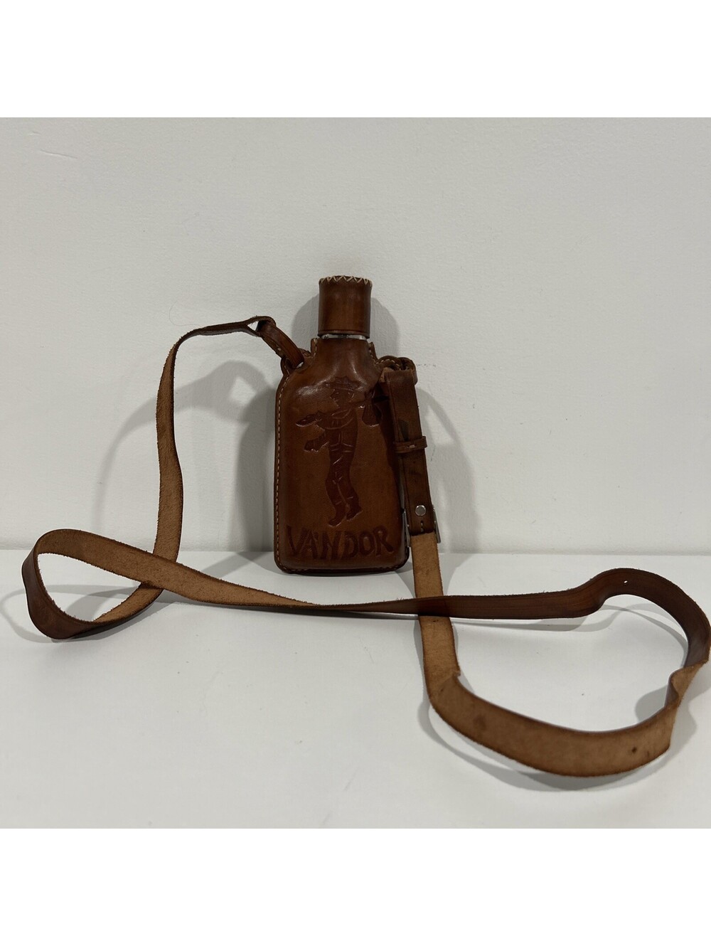 Vintage Vandor Hand Tooled Leather Wrapped Flask Western Collectible 7” Embossed
